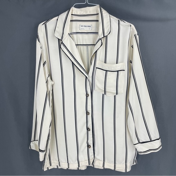 Free People Rorie Striped Satin Long Sleeve Button Up Blouse Top - Picture 4 of 10